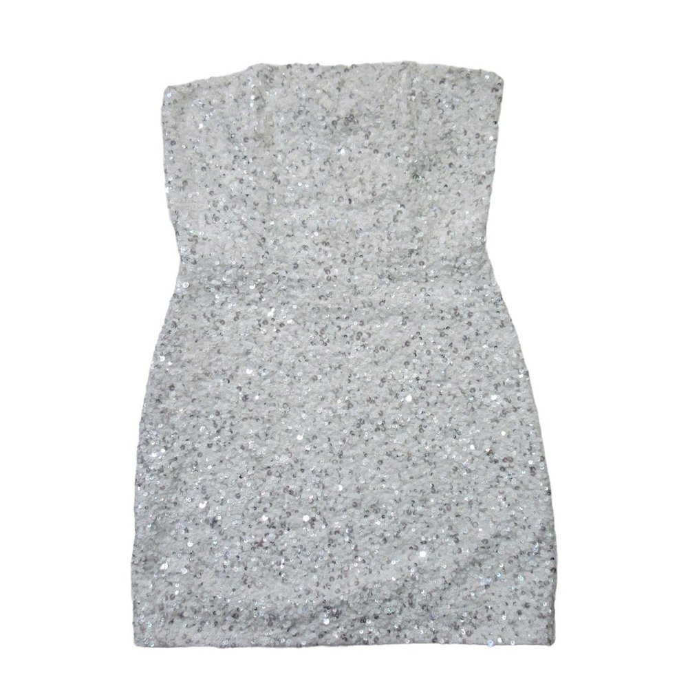 Retrofete Heather in Silver White Sequin Strapless Mini Dress (Small)